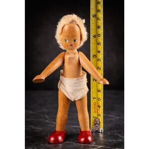 VTG Wooden Peg Doll Diaper Blonde Hair Red Shoes Jointed Folk Art Poland 8.5"